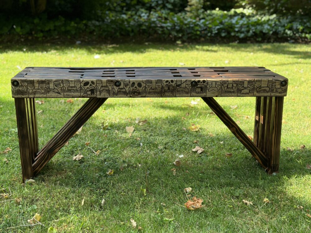 Joshthurman BeardyBench 1500 woodburn on recycled palette wood 48x13.5x20in 2023 scaled scaled