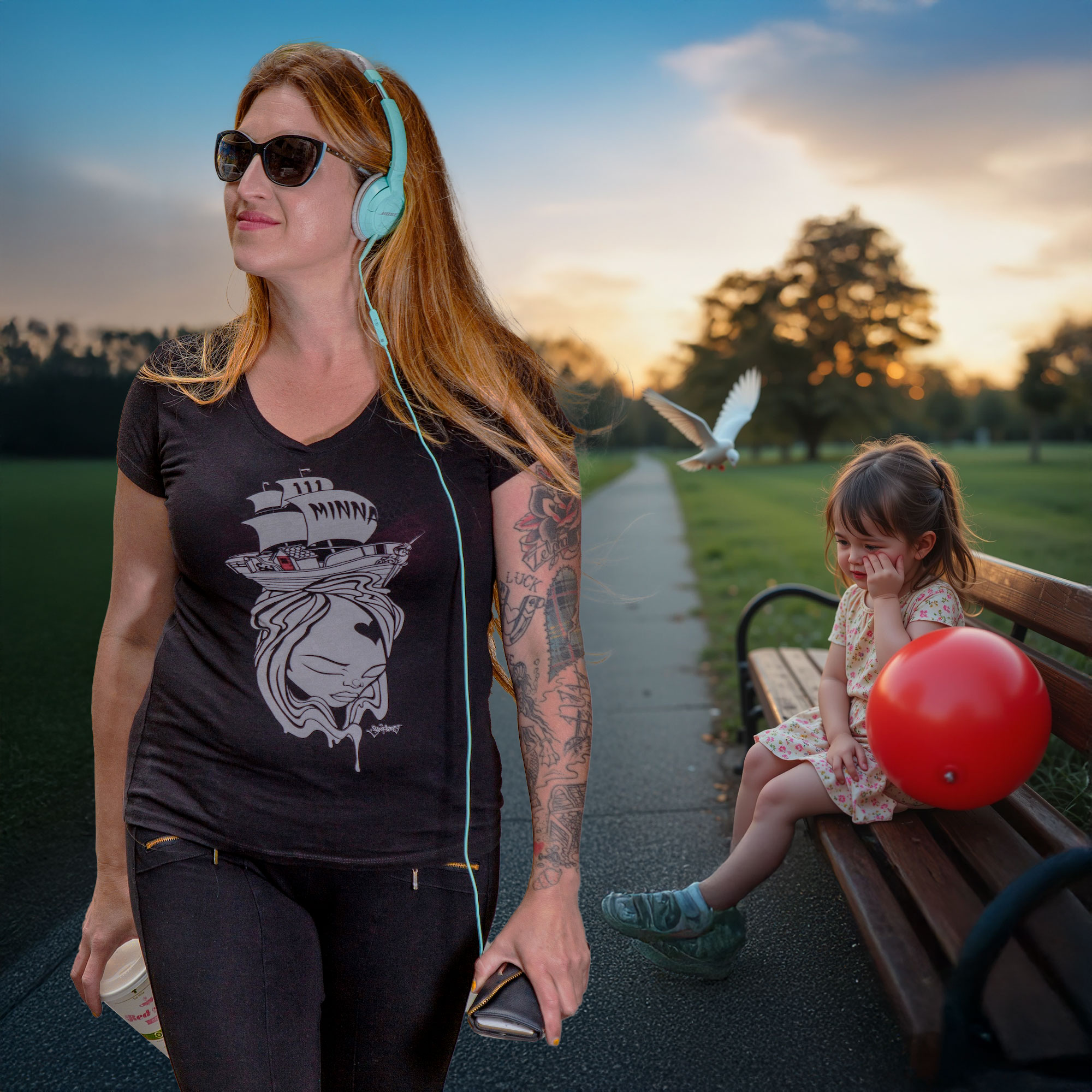 Woman completes outfit by stealing headphones from child