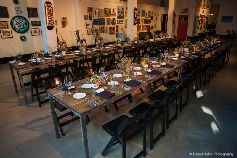Tables set for the SALA Series x Elysian Park Ventures event at 111 Minna Gallery.