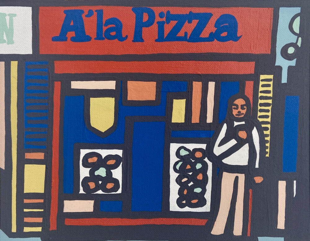 A la Pizza 201 Mile End Road London framed to 8x10 acrylic on canvas board in white glass frame with glass 2020 scaled