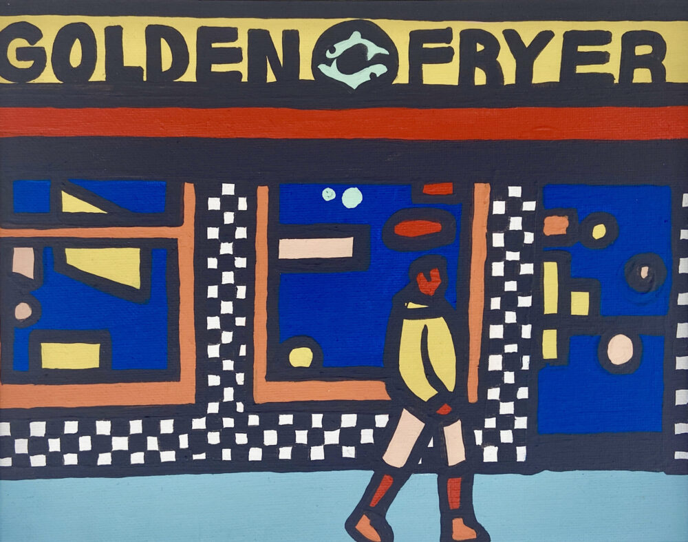 Golden Fryer 381 Mile End Road London framed to 28cm x 35.5 cm acrylic on canvas board in white glass frame with glass 2020 scaled