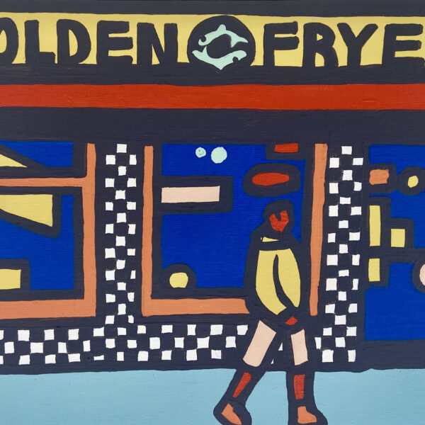 Golden Fryer 381 Mile End Road London framed to 28cm x 35.5 cm acrylic on canvas board in white glass frame with glass 2020 scaled