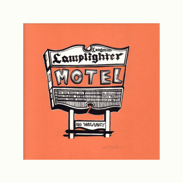 Lamplighter Motel Longmont CO 2021 India ink and collaged Canson paper 12x12 framed to 16x16 with glass and mat scaled
